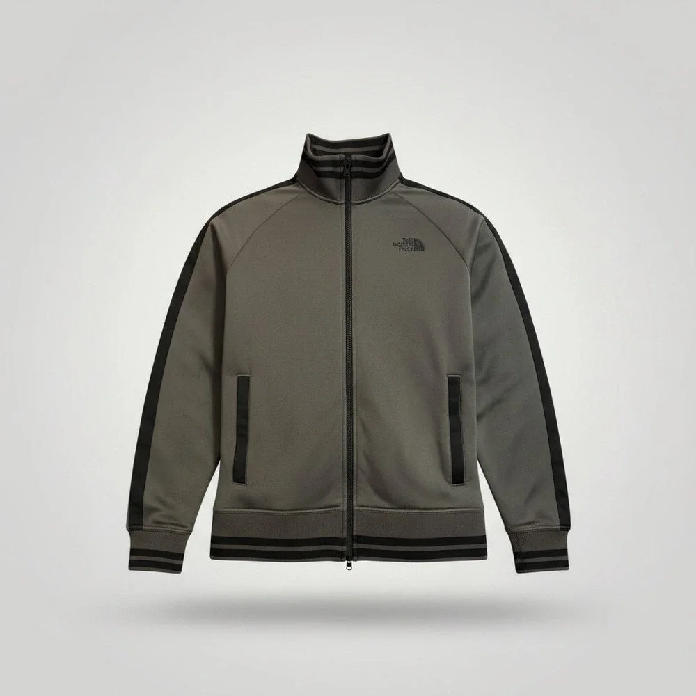 The North Face Track Jacket Mens Medium Grey Full Zip Striped Rib Mock Neck Logo